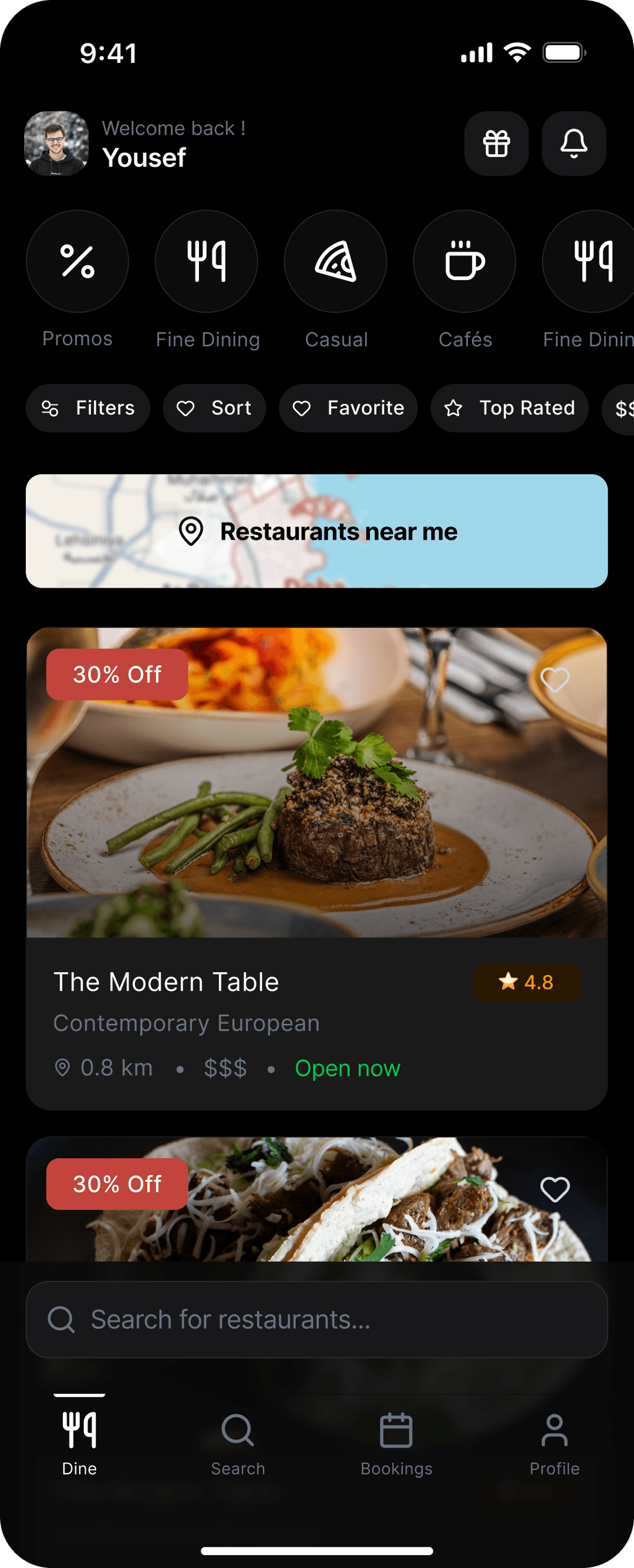 TableShift mobile app — discover and book restaurants